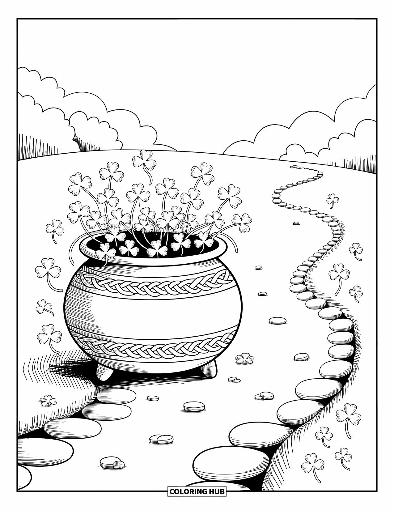 Shamrock Coloring Page for Adults: A cauldron of clovers and treasure along a cobblestone path