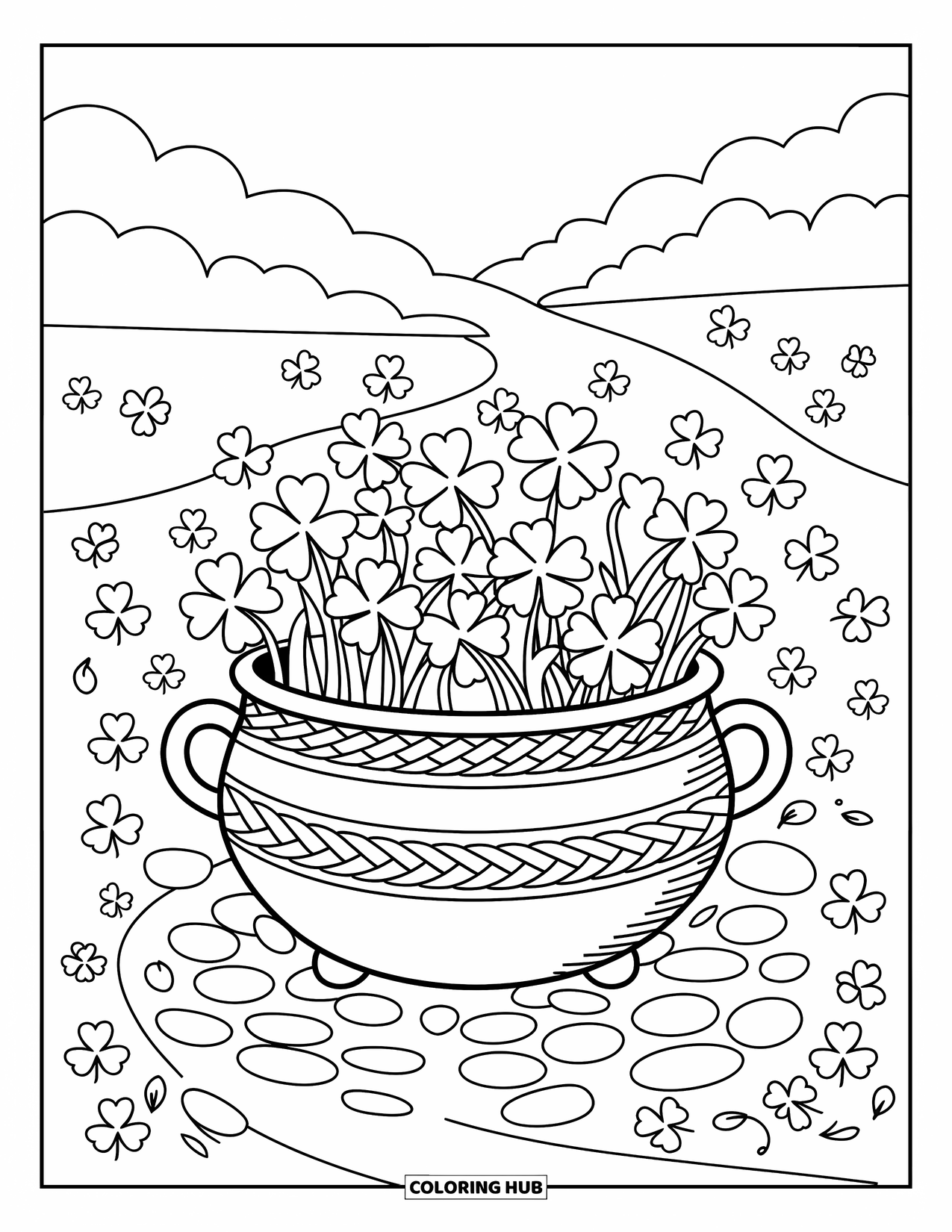 Shamrock Coloring Page for Adults: A Celtic pot of clovers glowing on a curved stone path