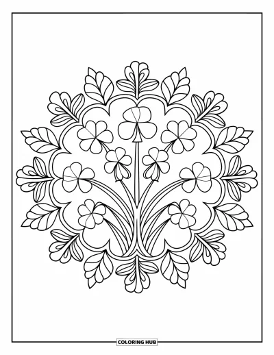 Coloriage de trèfles pour adultes : Un bouquet circulaire de trèfless encadré de bordures feuillues