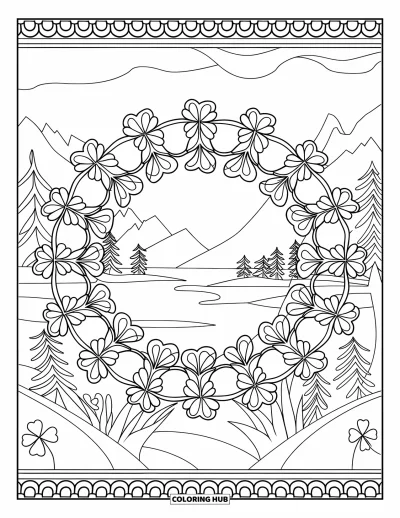 Coloriage de trèfles pour adultes : Un mandala circulaire de trèfless suspendus comme dans un jardin