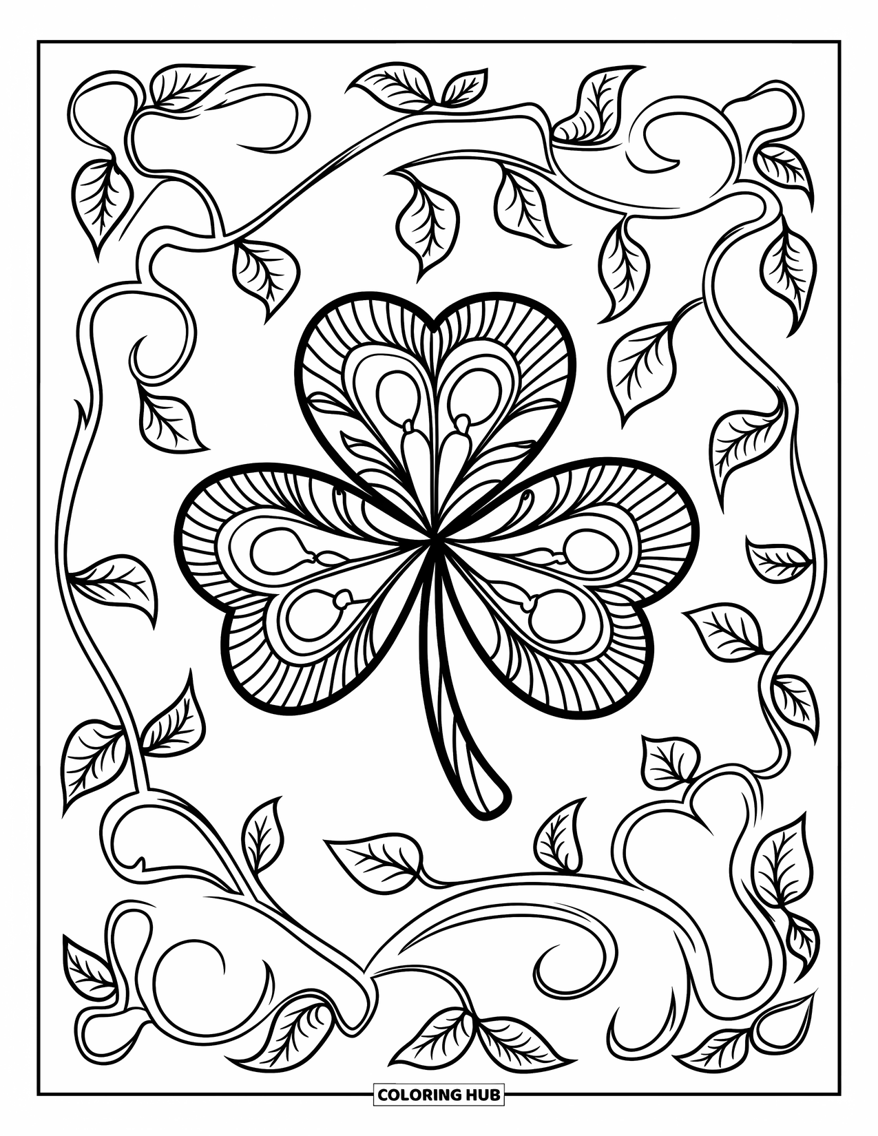 Shamrock Coloring Page for Adults: A circular shamrock design filled with twisting floral vines