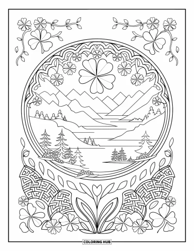 Coloriage de trèfles pour adultes : Un mandala circulaire de trèfless encadré d'arbres et de fleurs