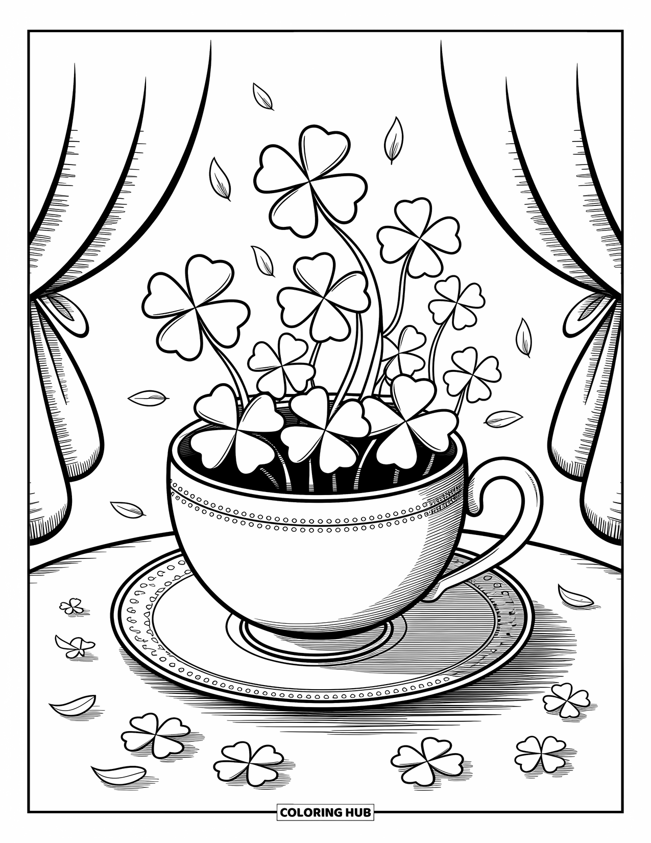 Shamrock Coloring Page for Adults: A cozy teacup overflowing with shamrocks and tiny leaves