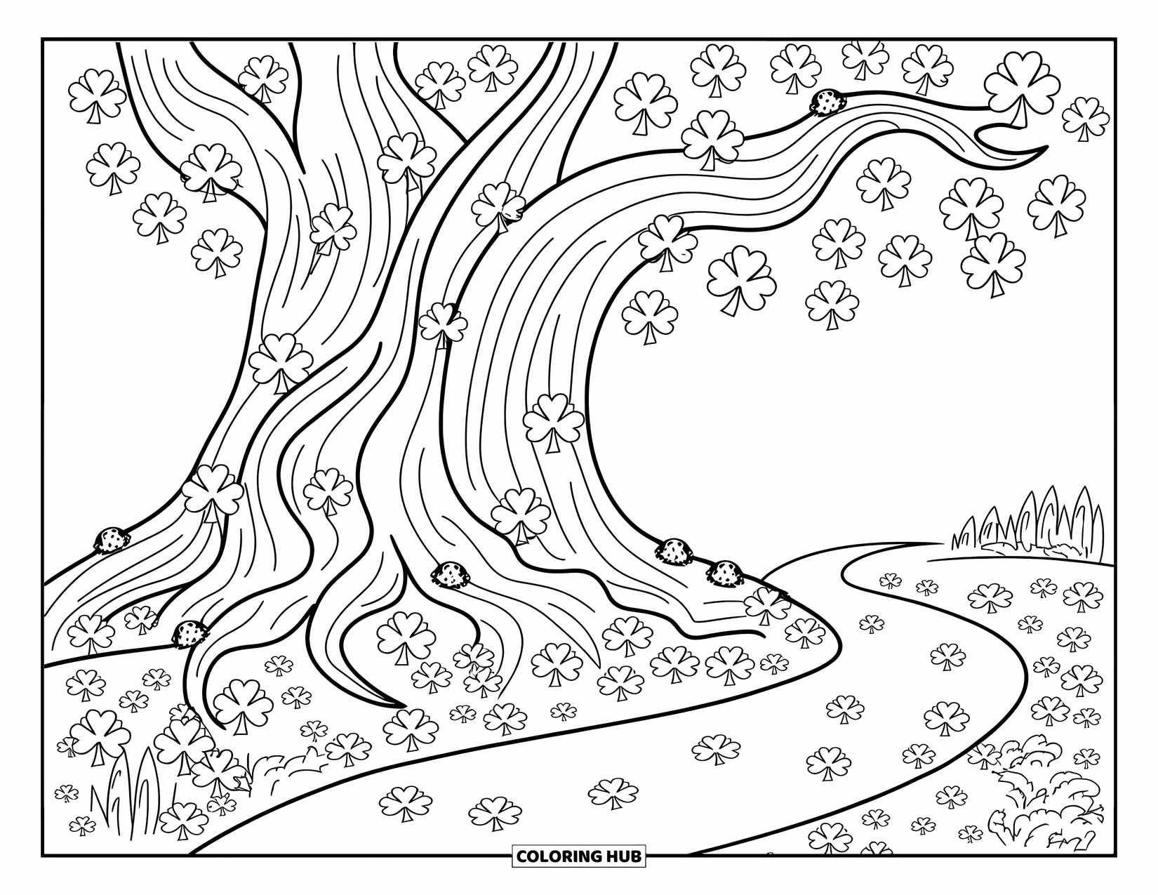 Shamrock Coloring Page for Adults: A cozy woodland tree with roots, moss, and playful ladybugs