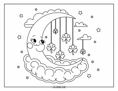 Coloriage de trèfles pour adultes : Un croissant de lune avec des trèfless suspendus comme des carillons