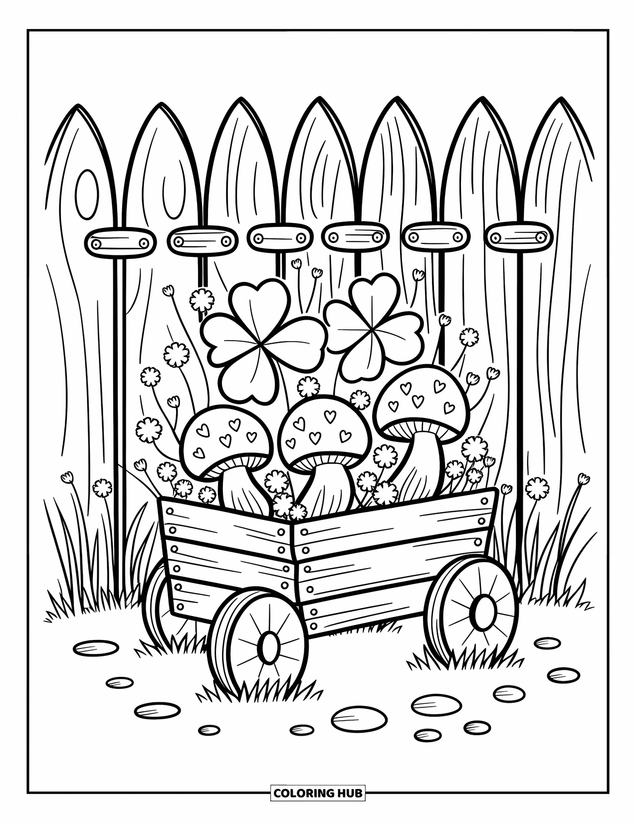 Shamrock Coloring Page for Adults: A cute cart of shamrocks, mushrooms, and tiny heart carvings