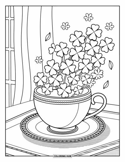 Coloriage de trèfles pour adultes : Une délicate tasse de trèfless entourée de pétales tombants