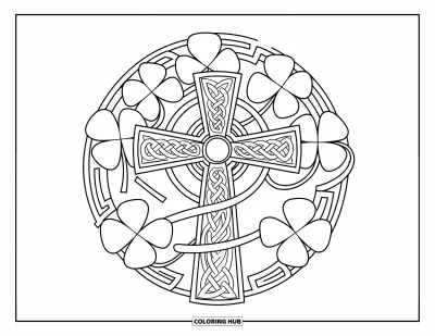 Coloriage de trèfles pour adultes : Une croix celtique détaillée couverte de trèfless et de motifs élégants