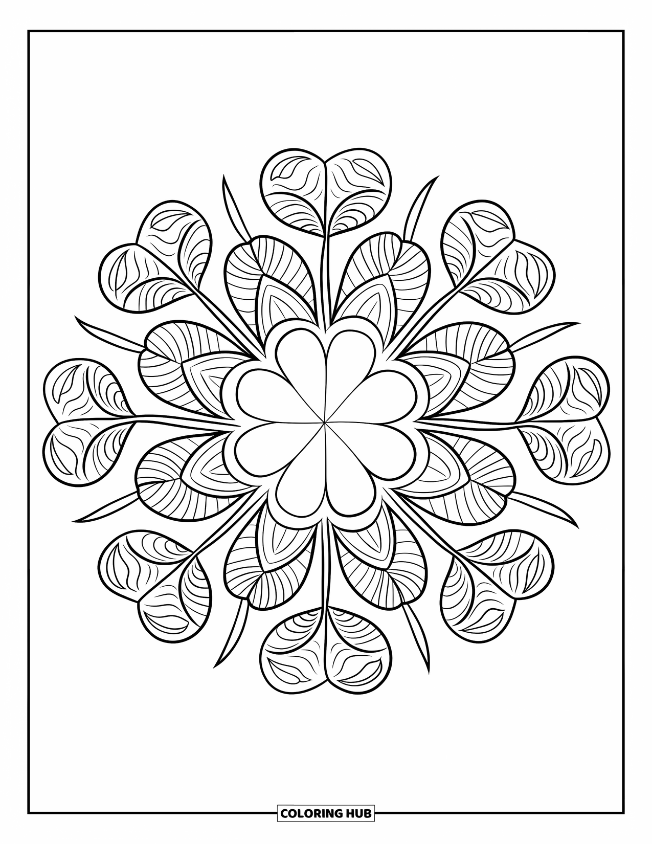 Shamrock Coloring Page for Adults: A detailed shamrock bouquet forming a balanced mandala