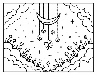 Coloriage de trèfles pour adultes : Un ciel nocturne féerique avec des trèfless flottants et de douces étoiles