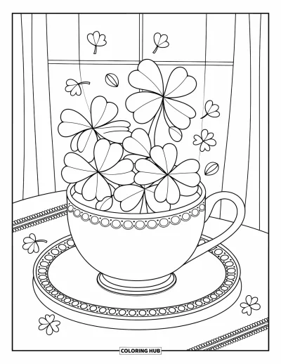 Coloriage de trèfles pour adultes : Une tasse fleurie débordant de trèfless sur une soucoupe en dentelle