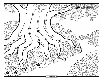 Coloriage de trèfles pour adultes : Un arbre immense aux racines torsadées entouré de trèfless et de coccinelles