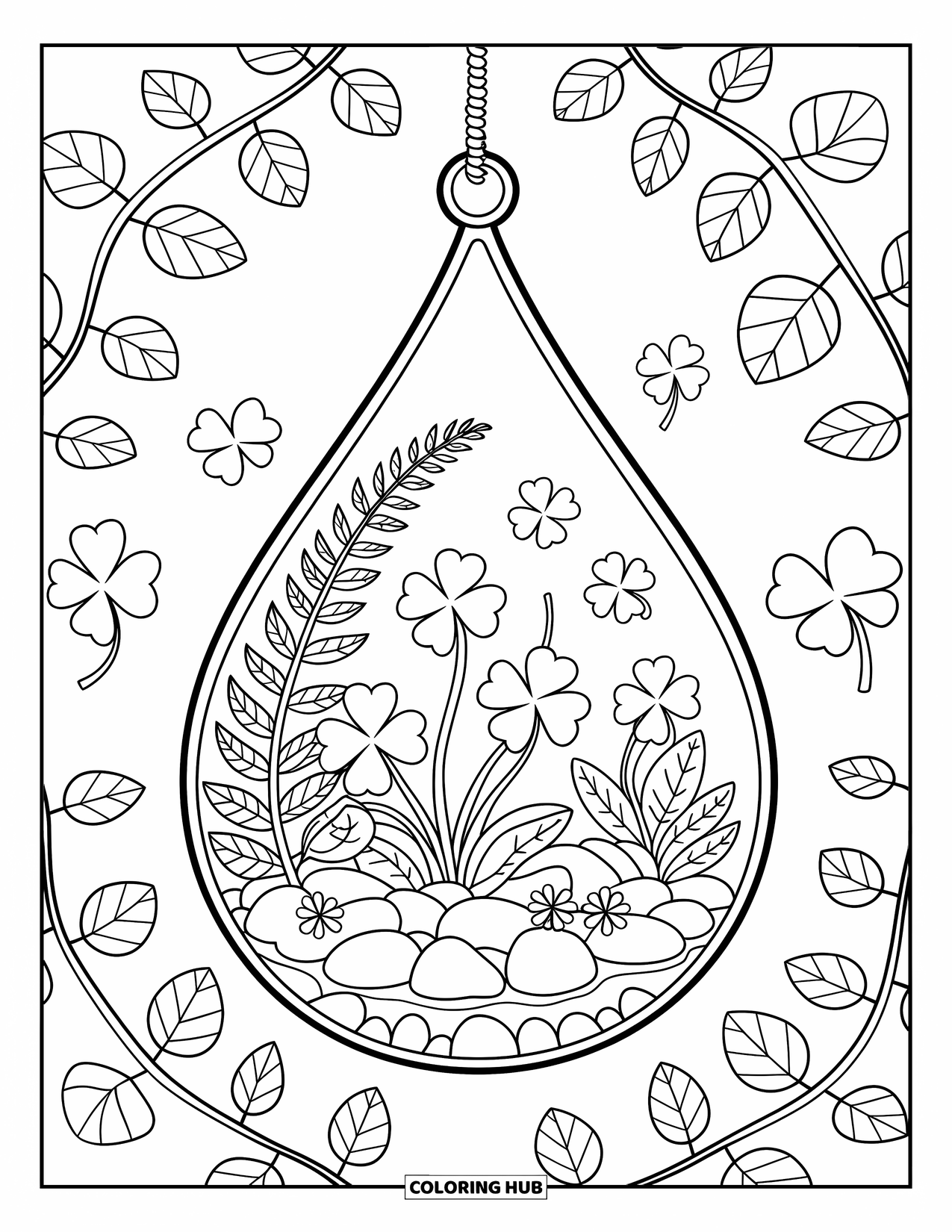 Shamrock Coloring Page for Adults: A glass terrarium hanging from twine, filled with tiny shamrocks