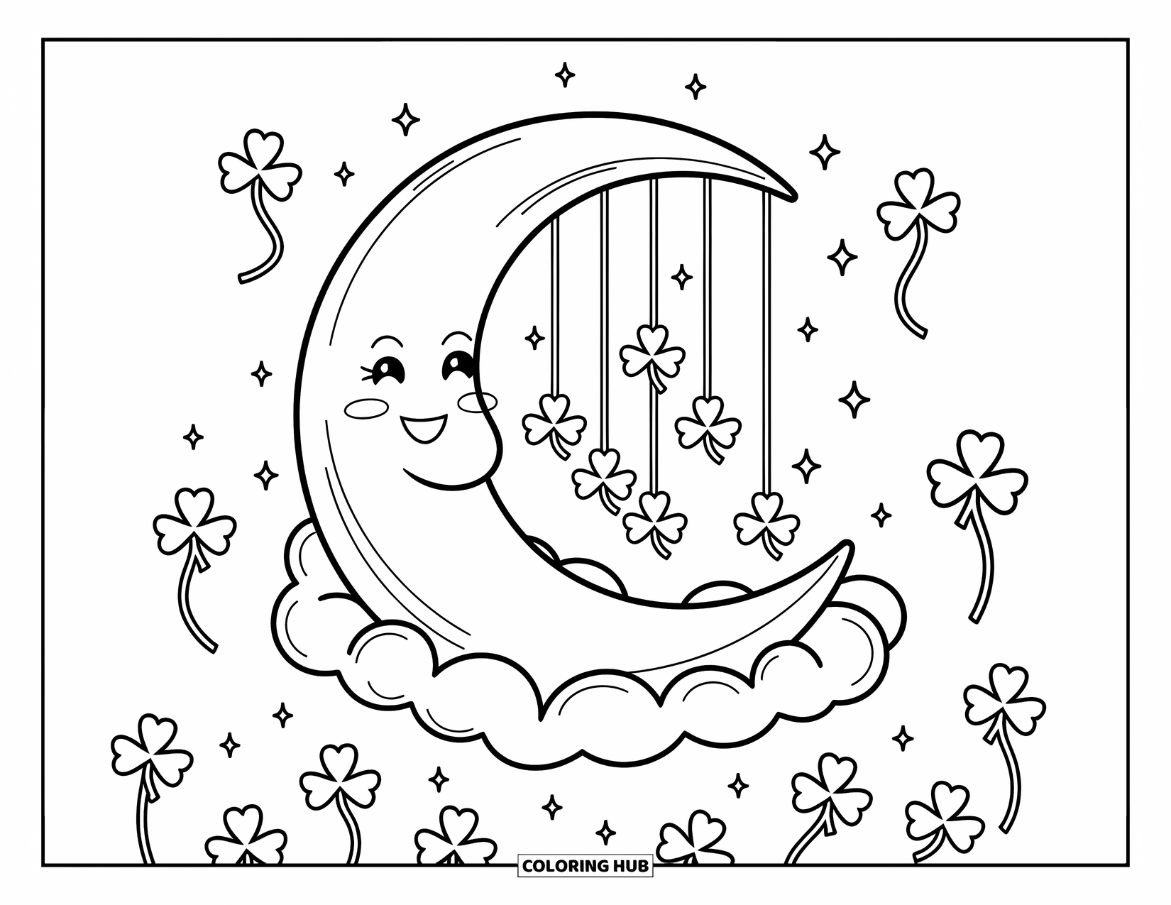Shamrock Coloring Page for Adults: A glowing moon surrounded by shamrocks and twinkling stars