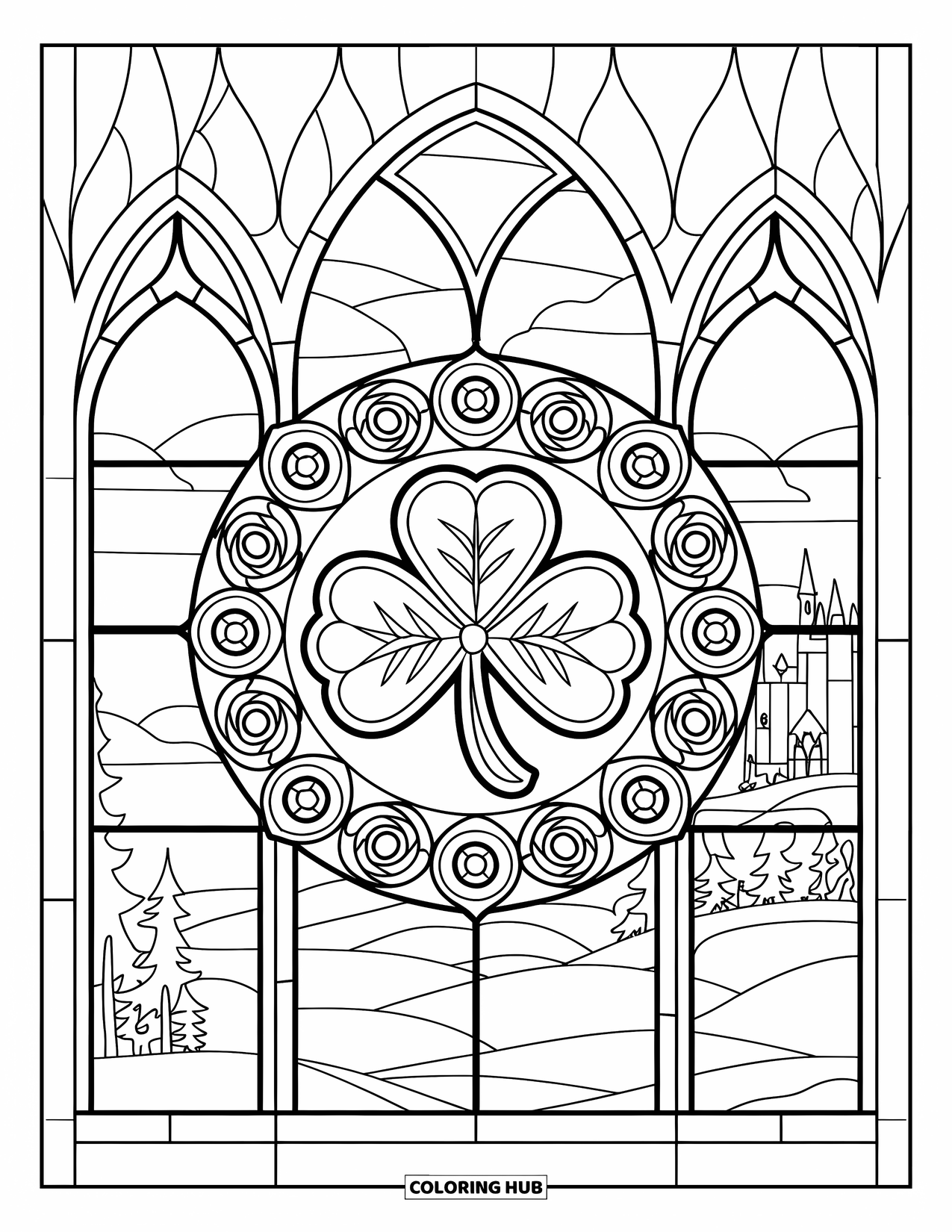 Shamrock Coloring Page for Adults: A Gothic window design with a shamrock and castle view