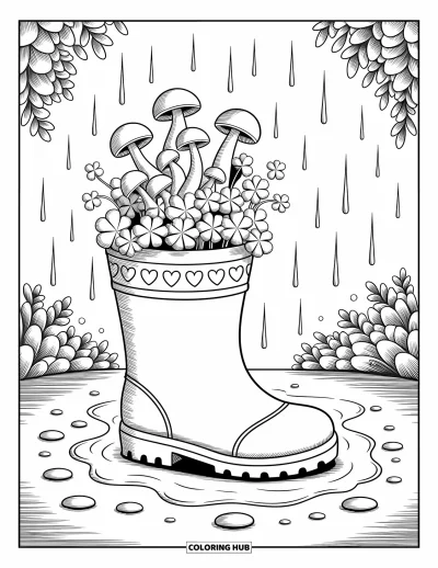 Coloriage de trèfles pour adultes : Une botte ornée de cœurs et remplie de trèfless et de fleurs