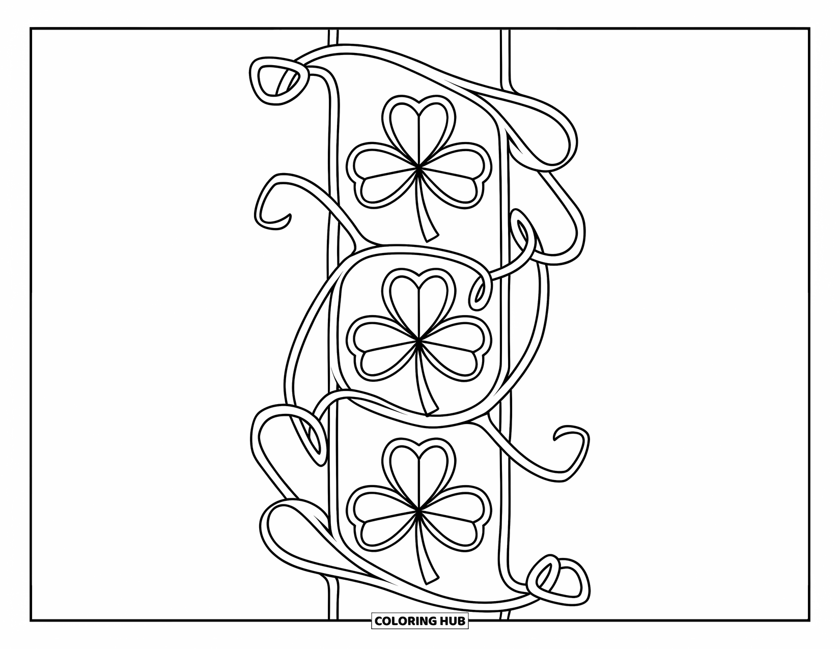 Shamrock Coloring Page for Adults: A long panel of shamrocks and looping vines in a graceful design
