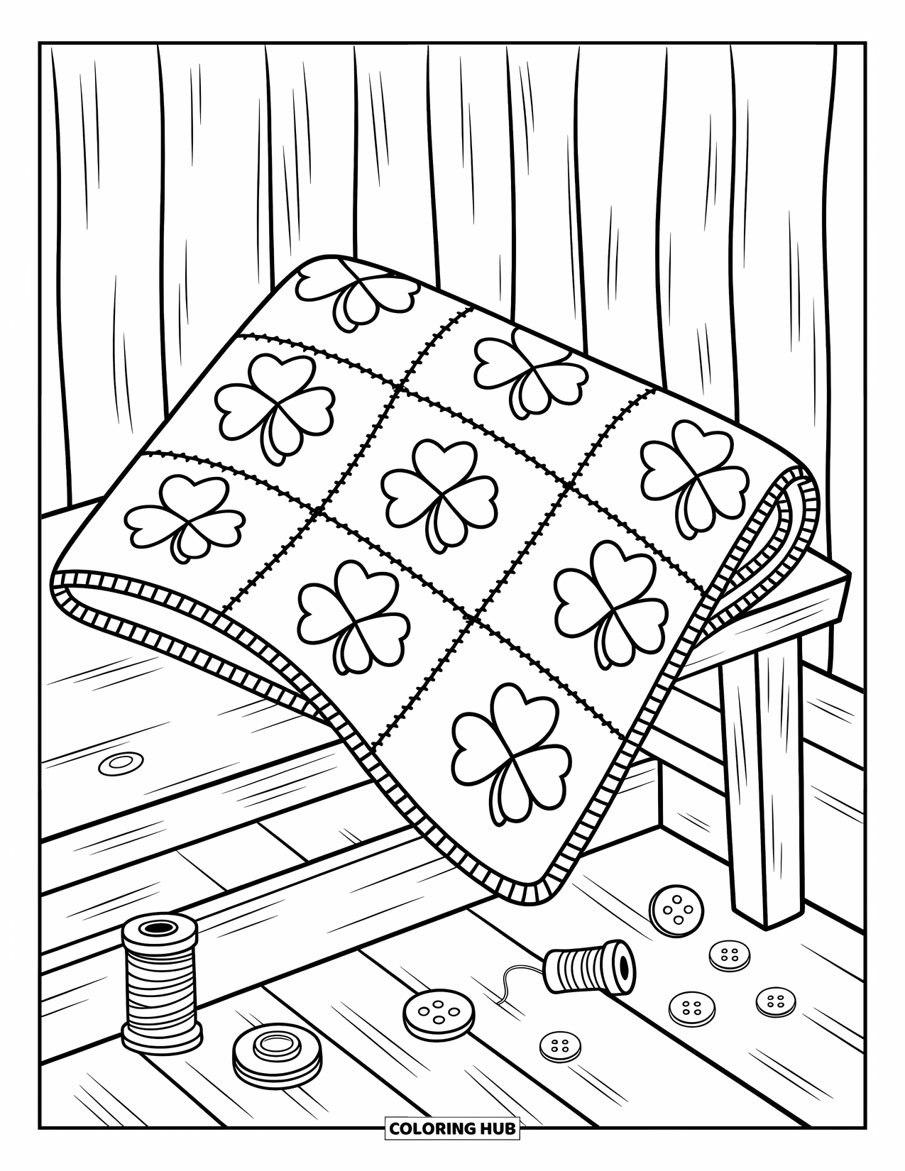 Shamrock Coloring Page for Adults: A patchwork shamrock quilt folded neatly on a wooden bench
