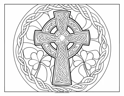 Coloriage de trèfles pour adultes : Une croix celtique ornée de spirales et de trèfless entrelacés