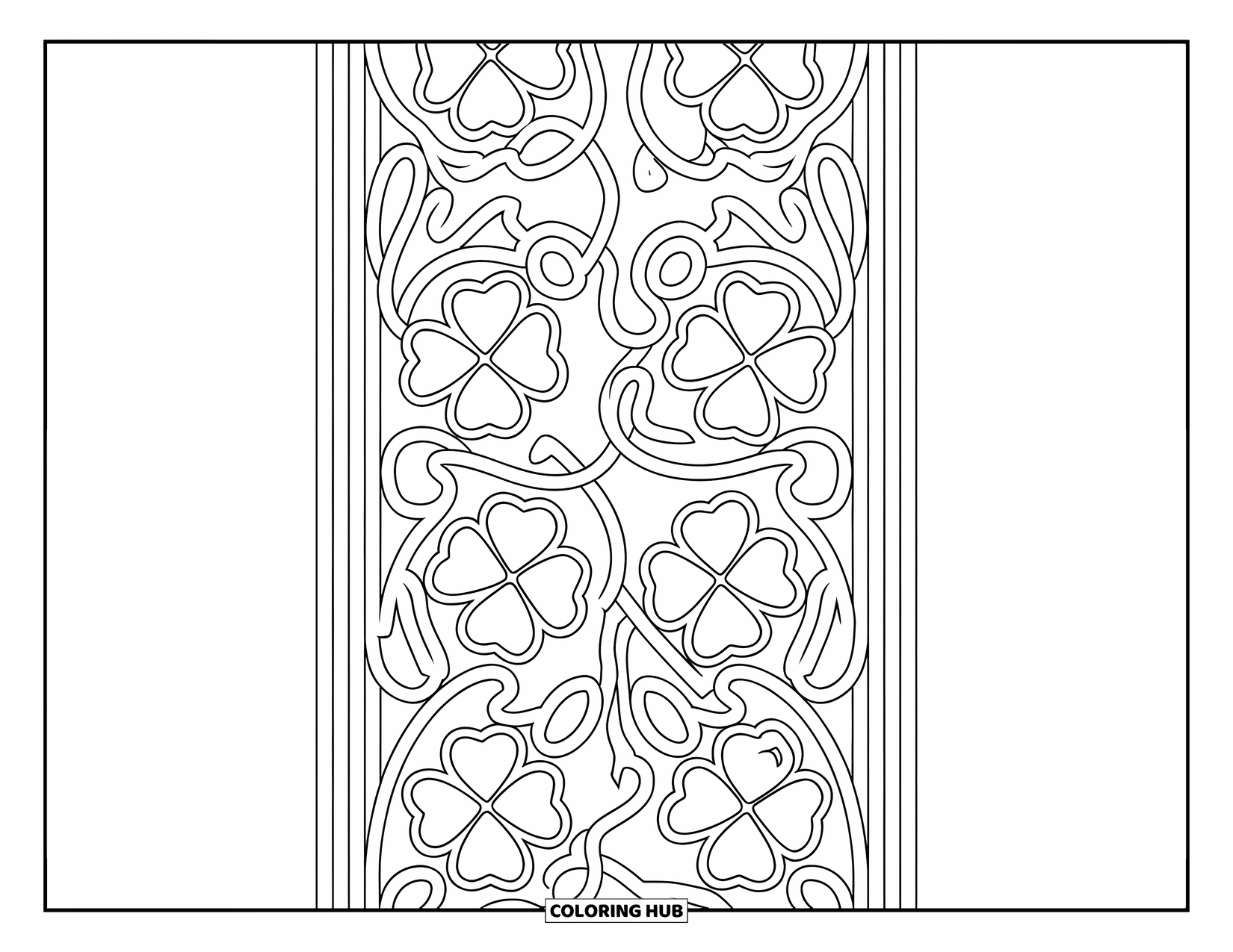 Shamrock Coloring Page for Adults: A patterned vine panel filled with shamrocks and soft curves