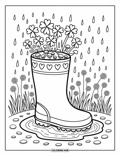 Coloriage de trèfles pour adultes : Une botte de pluie garnie de trèfless, de fleurs et de champignons