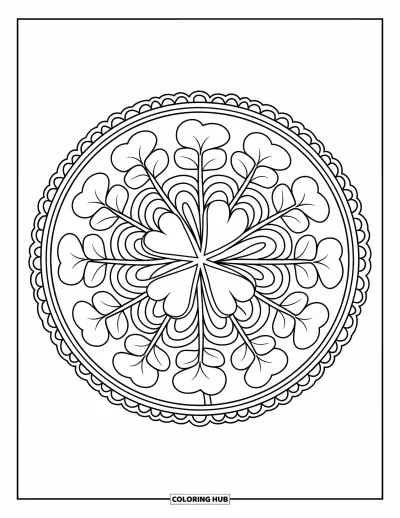 Coloriage de trèfles pour adultes : Un bouquet de trèfless disposé en motif de mandala arrondi