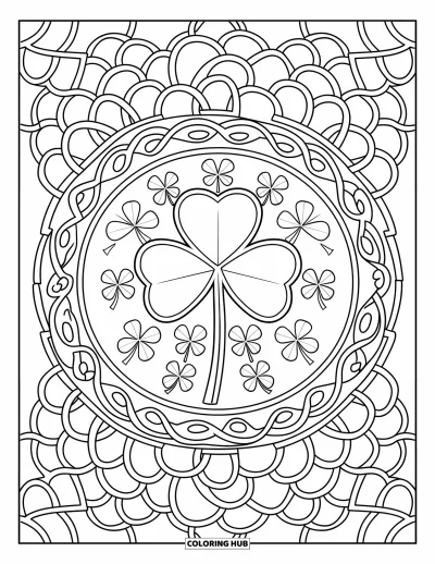 Coloriage de trèfles pour adultes : Un mandala de trèfles entouré de motifs de cercles entrelacés