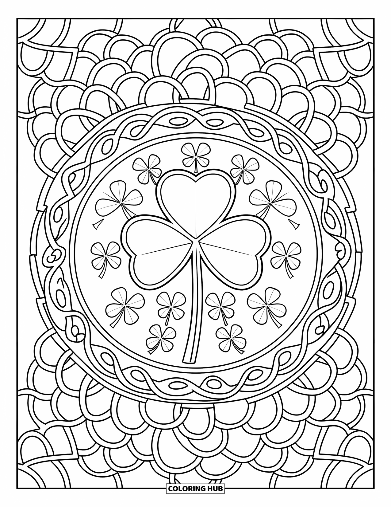 Shamrock Coloring Page for Adults: A shamrock mandala surrounded by interlocking circle designs