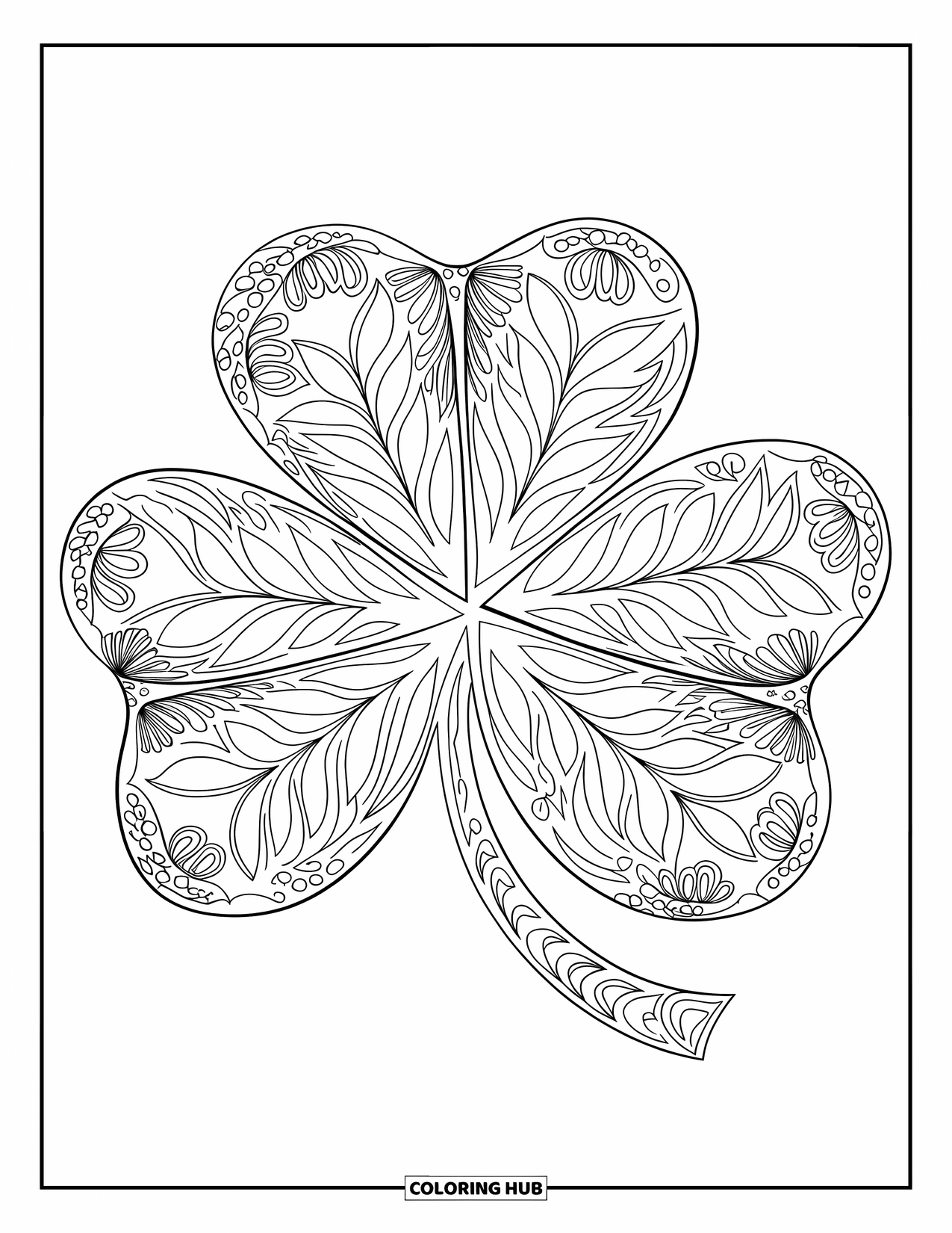 Shamrock Coloring Page for Adults: A shamrock mandala surrounded by swirling botanical vines