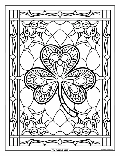 Coloriage de trèfles pour adultes : Une fenêtre en forme de trèfles encadrée de vignes et d'arches gothiques