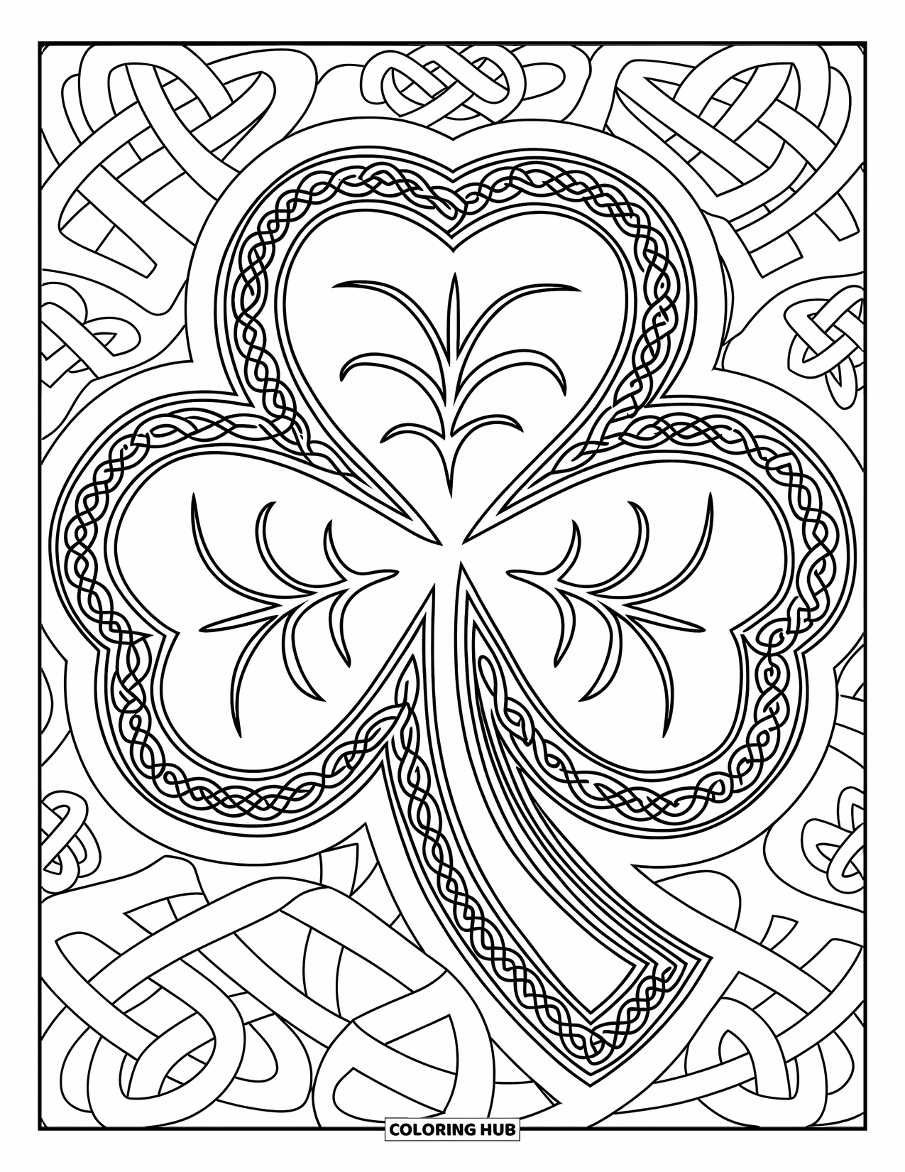 Shamrock Coloring Page for Adults: A shamrock wrapped in swirling Celtic knots and tiny patterns