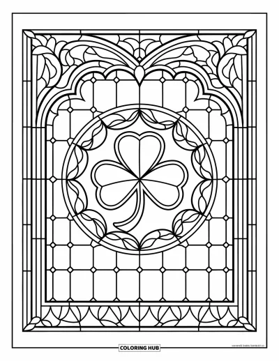 Coloriage de trèfles pour adultes : Une fenêtre en vitrail avec un trèfles au centre décoratif