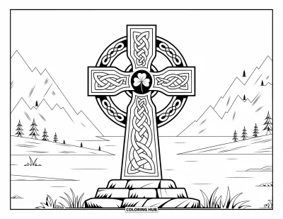 Coloriage de trèfles pour adultes : Une croix celtique sur socle en pierre, entourée de trèfless au bord d'un lac paisible