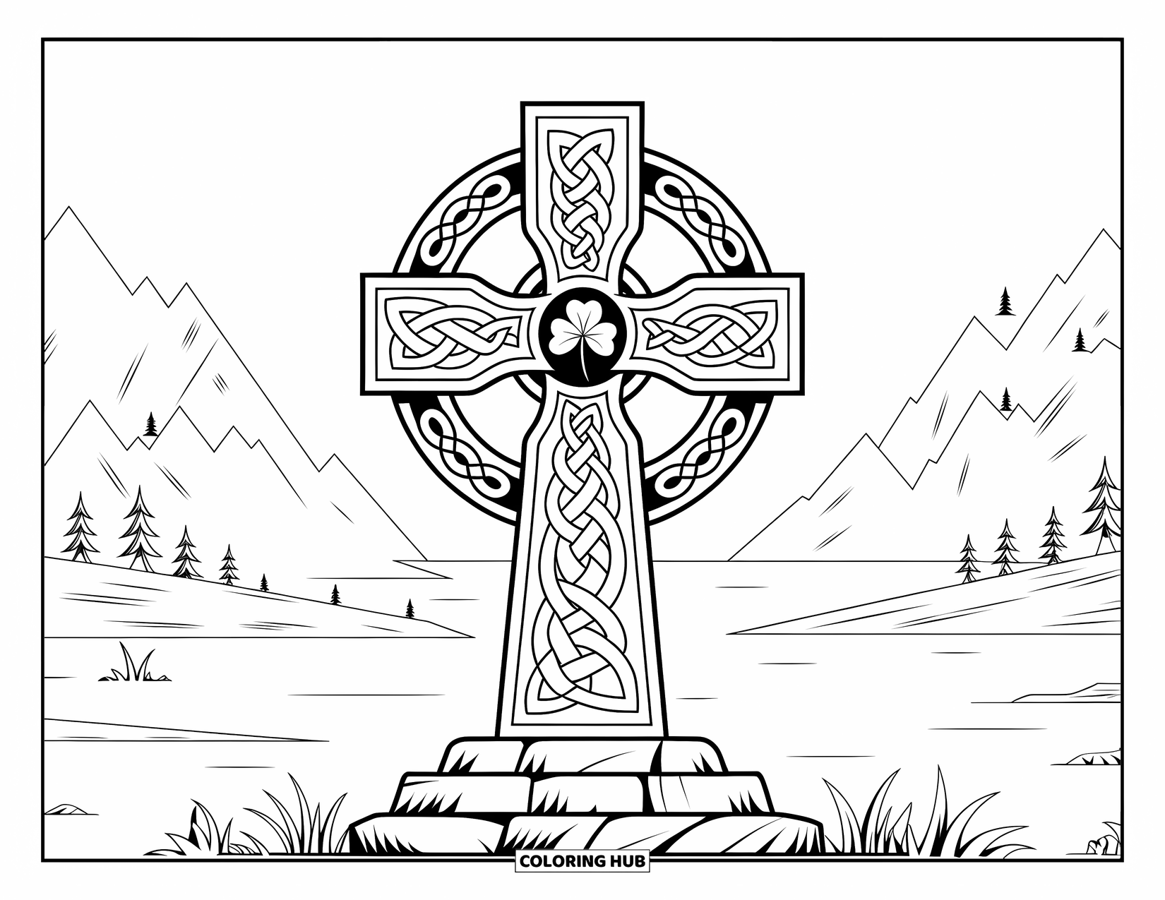 Shamrock Coloring Page for Adults: A stone-based Celtic cross wrapped in clovers beside a peaceful lake
