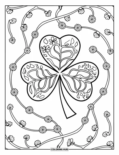 Coloriage de trèfles pour adultes : Un mandala de trèfles tourbillonnant aux motifs de vignes florales