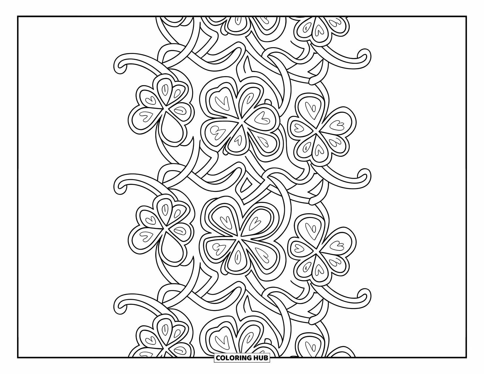 Shamrock Coloring Page for Adults: A tall panel of twining shamrocks and looping vines