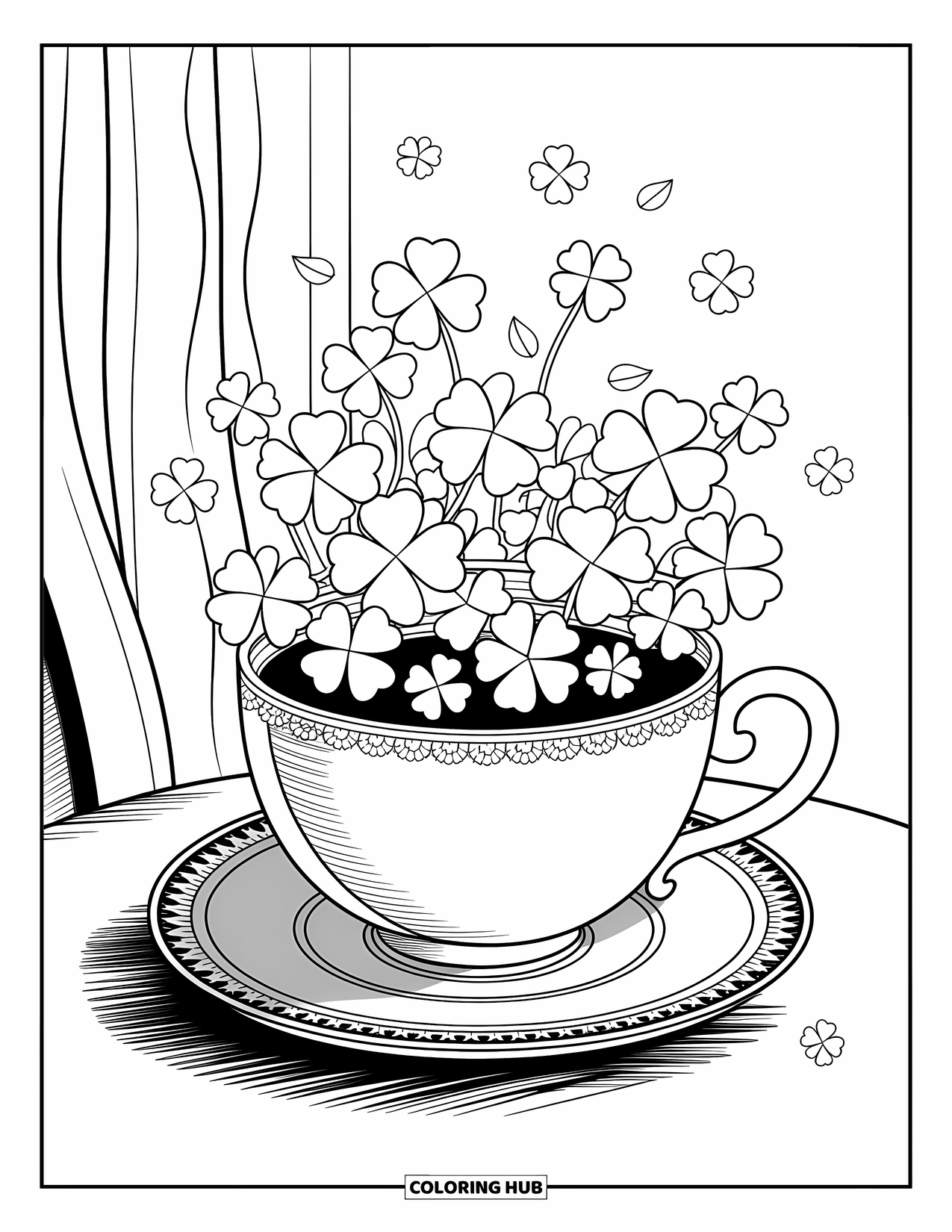 Shamrock Coloring Page for Adults: A teacup filled with shamrocks resting on a lace saucer
