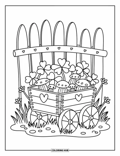 Coloriage de trèfles pour adultes : Une petite carriole débordant de trèfless près d'une clôture en bois