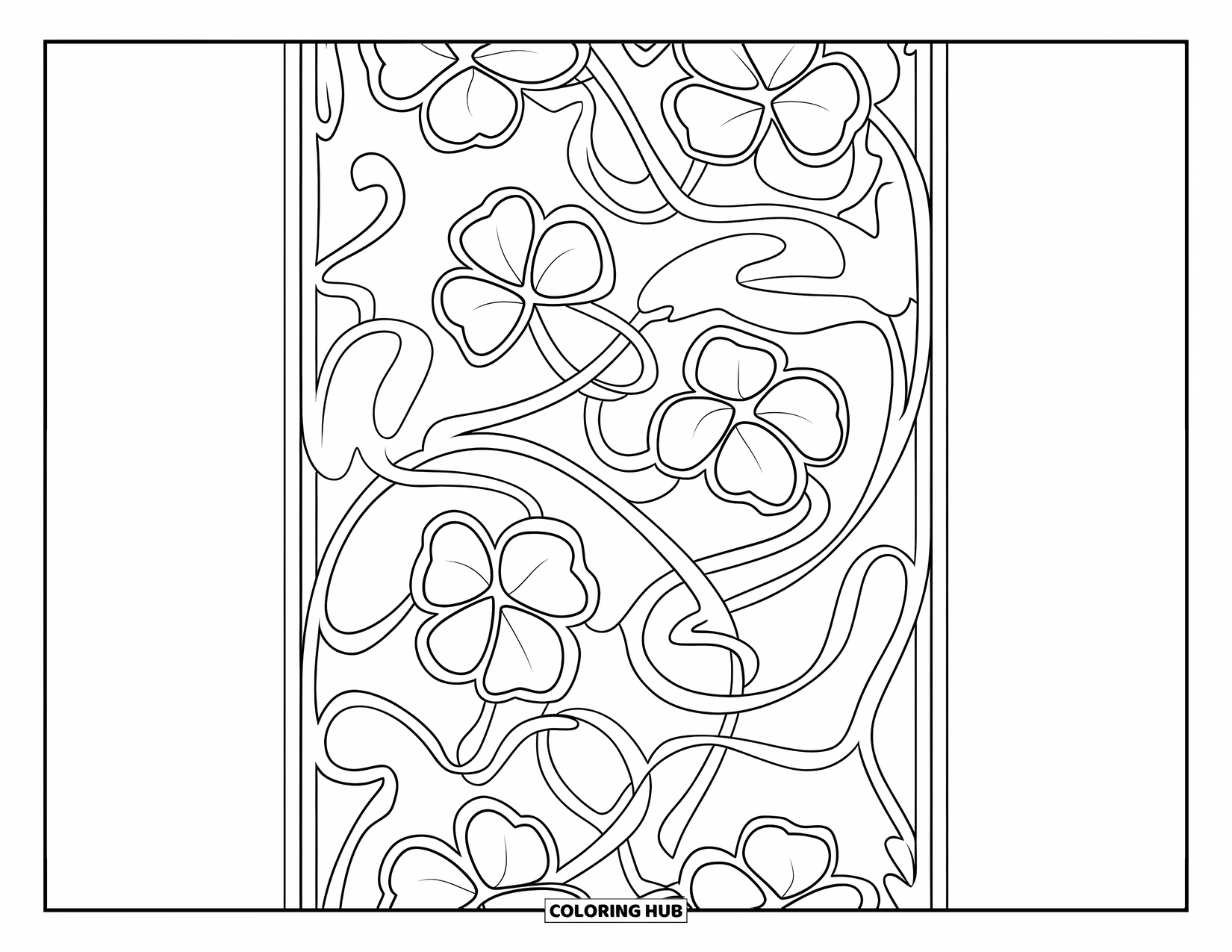 Shamrock Coloring Page for Adults: A vertical shamrock panel with curling vines and bold outlines