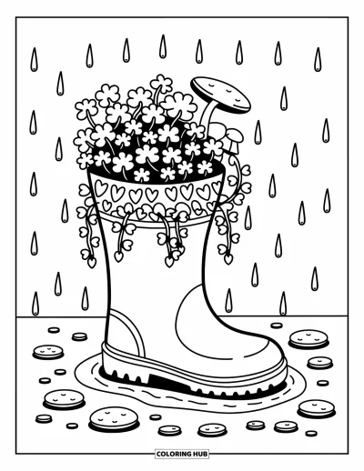 Coloriage de trèfles pour adultes : Une botte fantaisiste en pot de fleurs avec de petits champignons sous la pluie