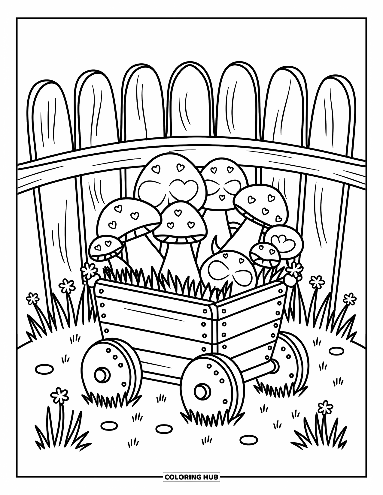 Shamrock Coloring Page for Adults: A wooden wagon filled with shamrocks and mushrooms in the grass