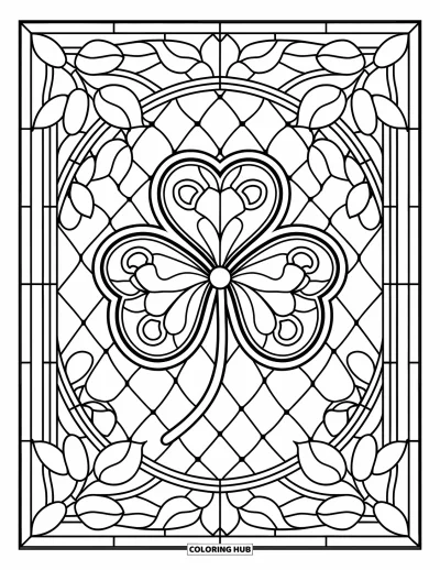 Coloriage de trèfles pour adultes : Un médaillon de trèfles orné encadré par des lignes de vitrail