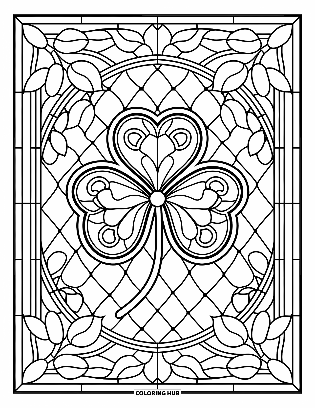 Shamrock Coloring Page for Adults: An ornate shamrock centerpiece framed in stained glass lines