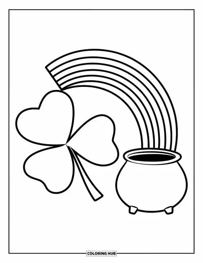 Coloriage de trèfles pour enfants : Un grand trèfles sous un arc-en-ciel avec des pièces d'or qui débordent