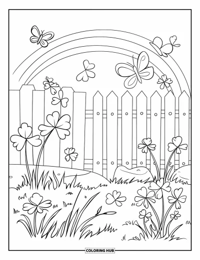 Coloriage de trèfles pour enfants : Un jardin fleuri de trèfless, de papillons et un ciel arc-en-ciel