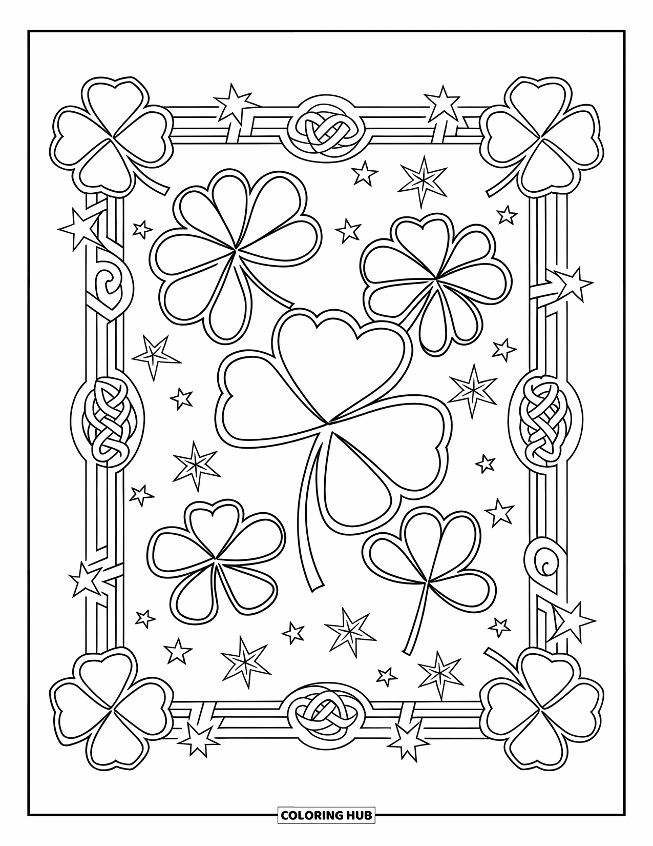 Shamrock Coloring Page for Kids: A bordered shamrock design filled with stars and Celtic twists