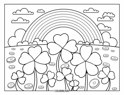 Coloriage de trèfles pour enfants : Un champ animé de trèfless, de pièces et d'un arc-en-ciel lumineux