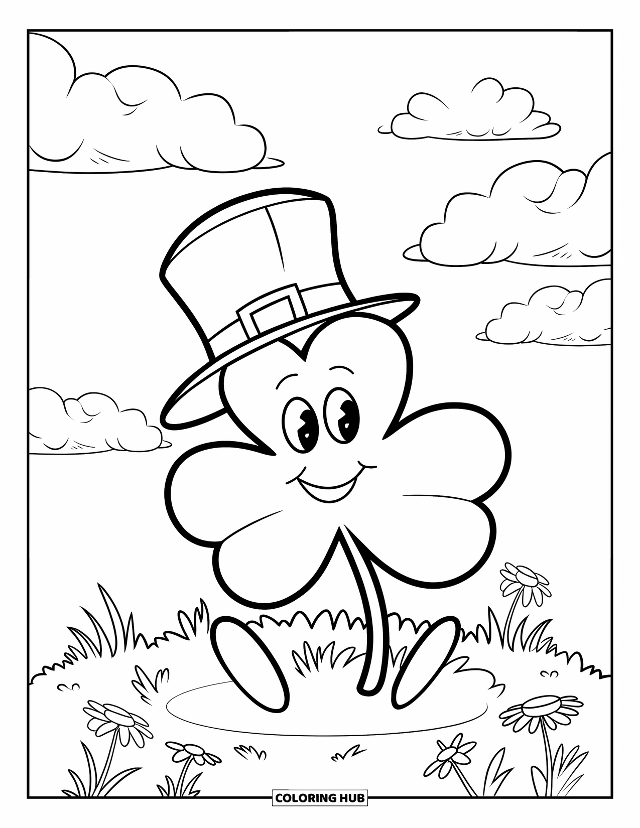 Shamrock Coloring Page for Kids: A cheerful shamrock in a hat resting on a sunny hill