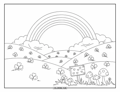 Coloriage de trèfles pour enfants : Une prairie de trèfless sous un arc-en-ciel avec un panneau sculpté en cœur