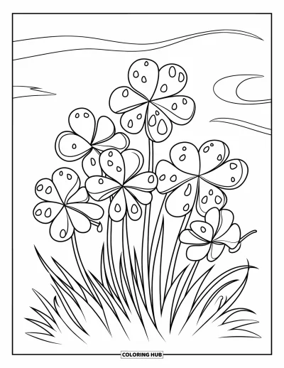 Coloriage de trèfles pour enfants : Une touffe de trèfless couverts de rosée matinale
